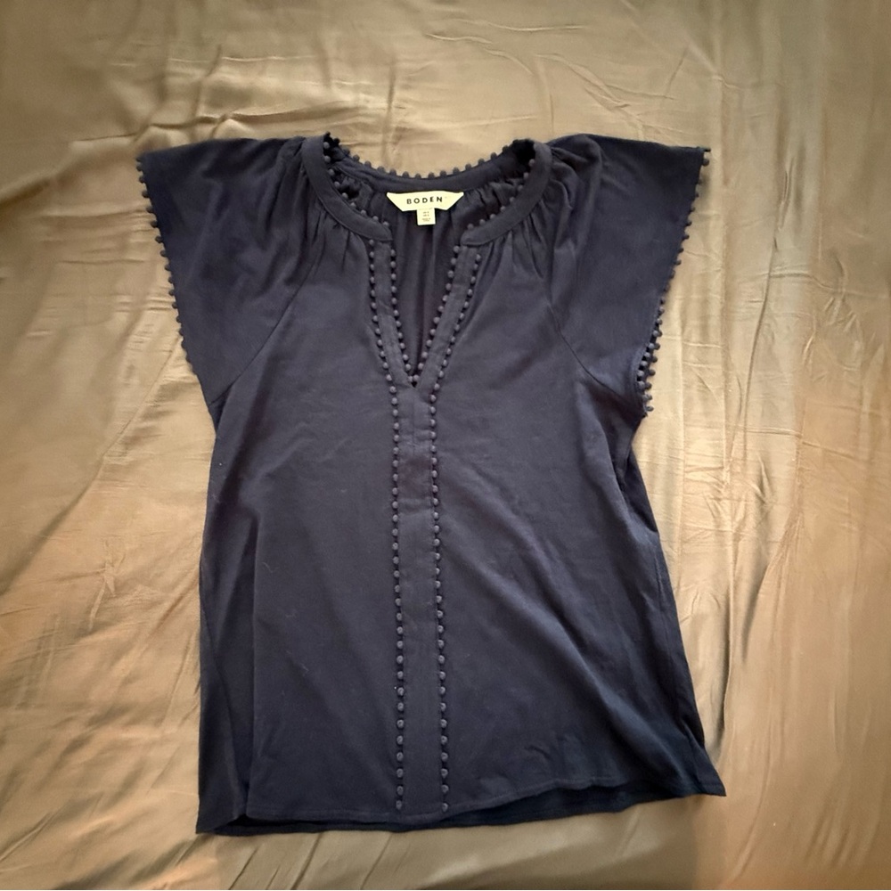 Boden Navy Pom-Trim Cap Sleeve Tee